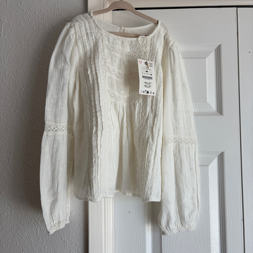 Zara Girls 11-12Y Embroidered Lace-Trim White Peasant Blouse